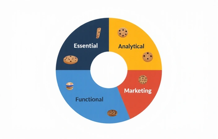 Gráfico circular mostrando diferentes categorías de cookies: esenciales, analíticas, funcionales, marketing.