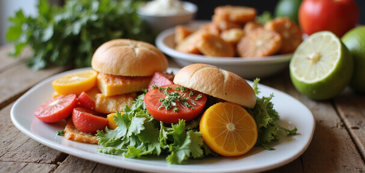 Una mesa llena de comida apetitosa y saludable, incluyendo ensaladas frescas, frutas coloridas y platos principales equilibrados.