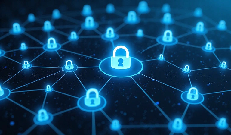 Una red de conexiones digitales, simbolizando enlaces a sitios web de terceros, con un enfoque en la seguridad y la precaución.